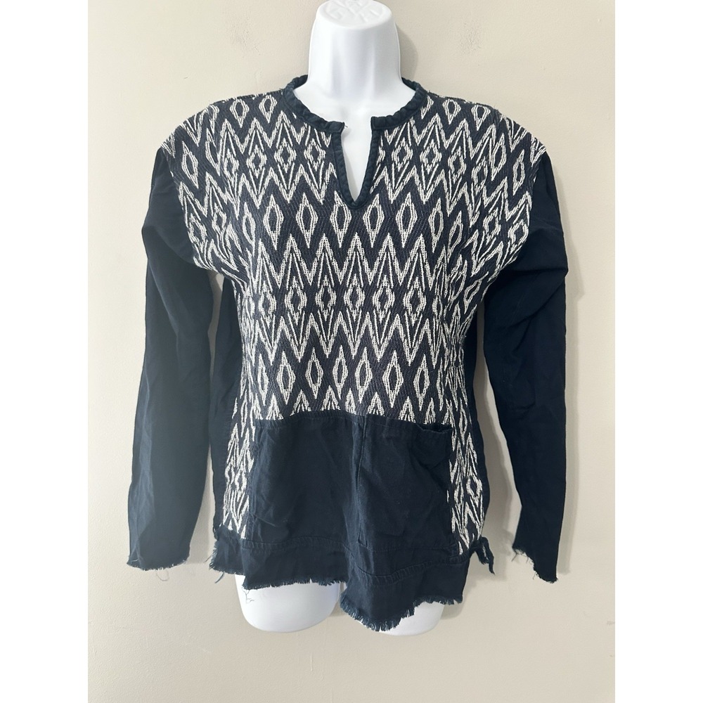 NSF Ikat Pattern V-Neck Raw Hem Cotton Pullover Top Navy Blue White‎ S Made USA